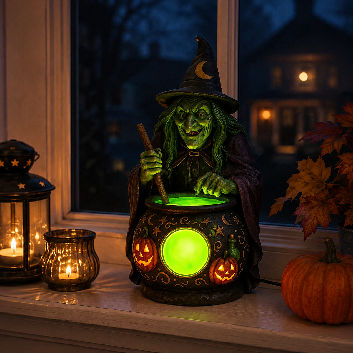 Hexenkessel-Harz-Tischlampe mit Neongrünem LED