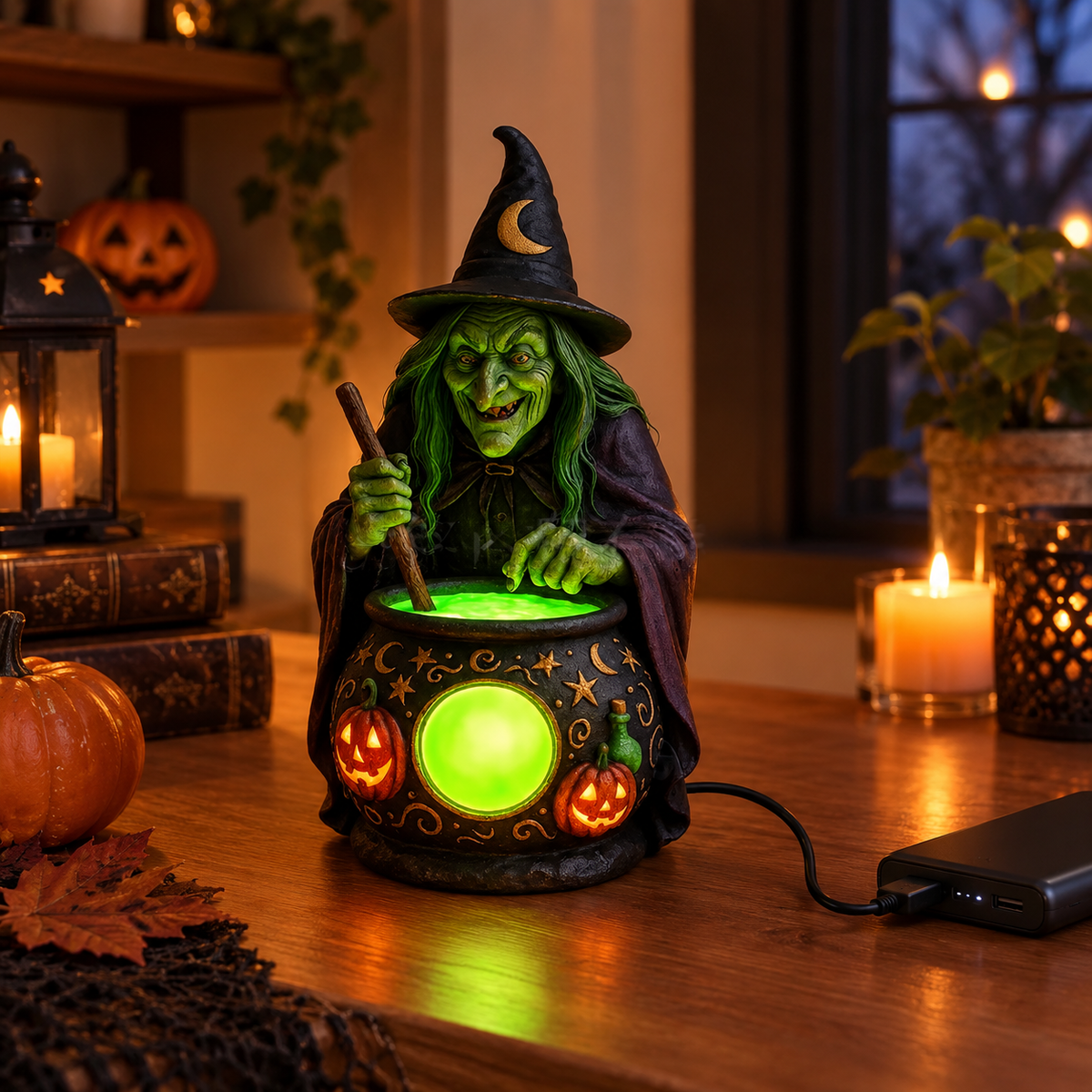 Hexenkessel-Harz-Tischlampe mit Neongrünem LED