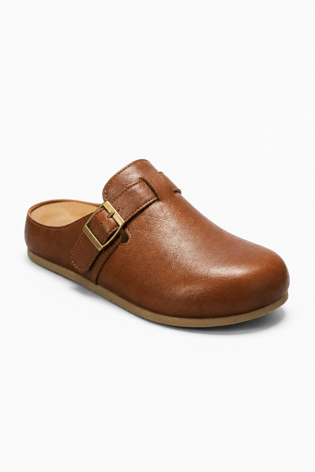 Herren Leder Clogs - Camel Slip-On Pantoletten mit Schnalle