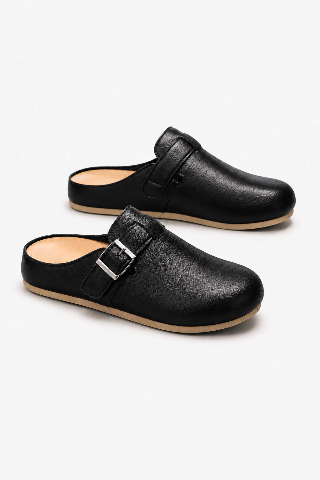 Herren Leder Clogs - Schwarze Slip-On Pantoletten mit Schnalle
