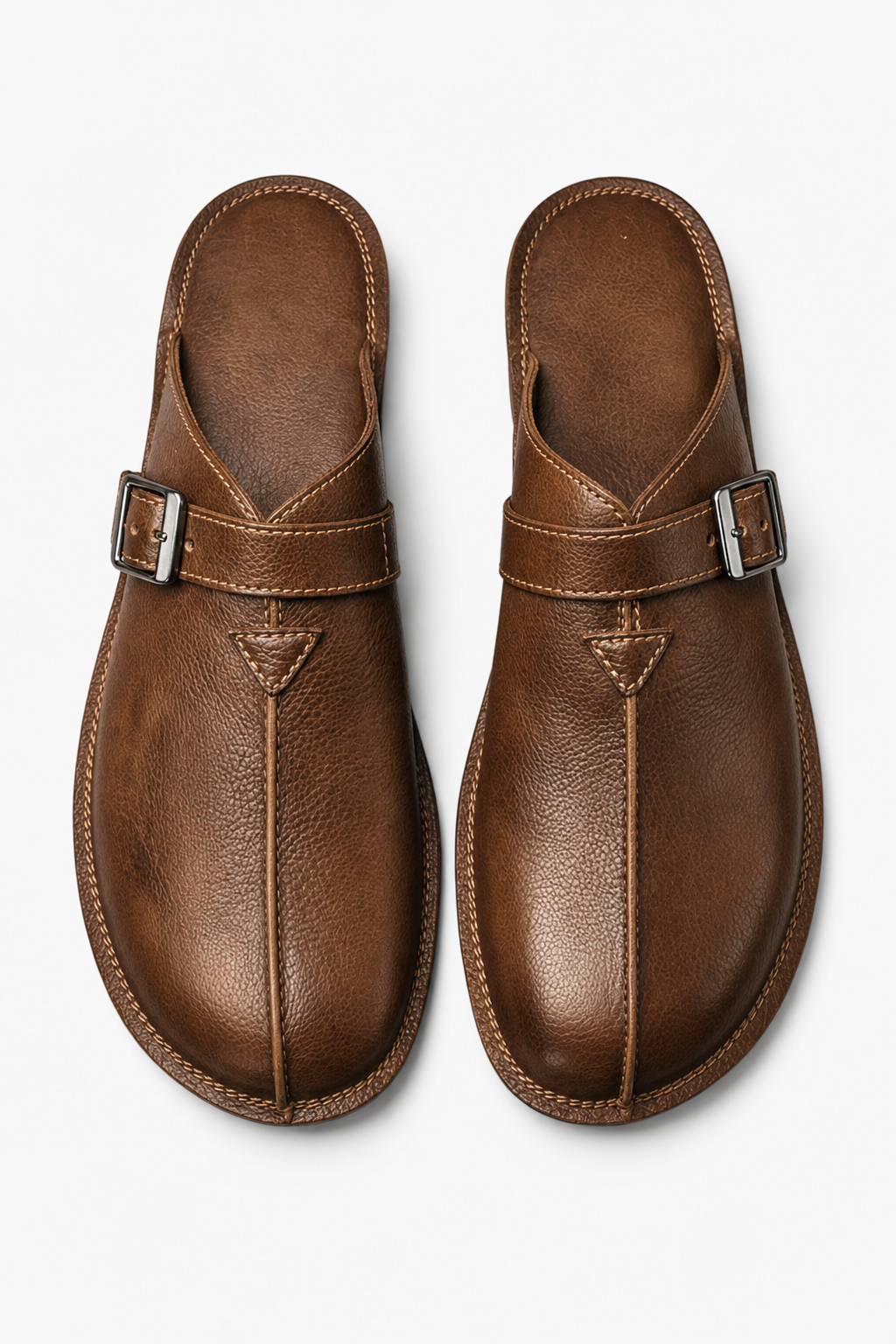 Herren Leder Pantoletten - Braune Slip-On Sandalen mit Schnalle