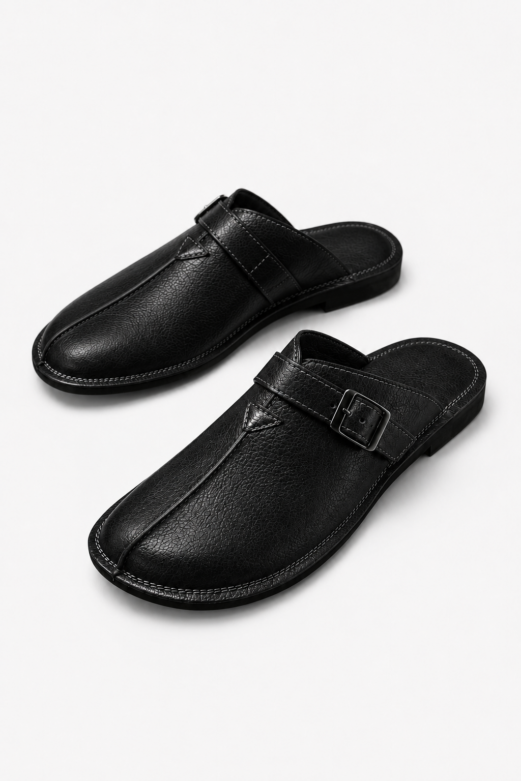 Herren Leder Pantoletten - Schwarze Slip-On Sandalen mit Schnalle
