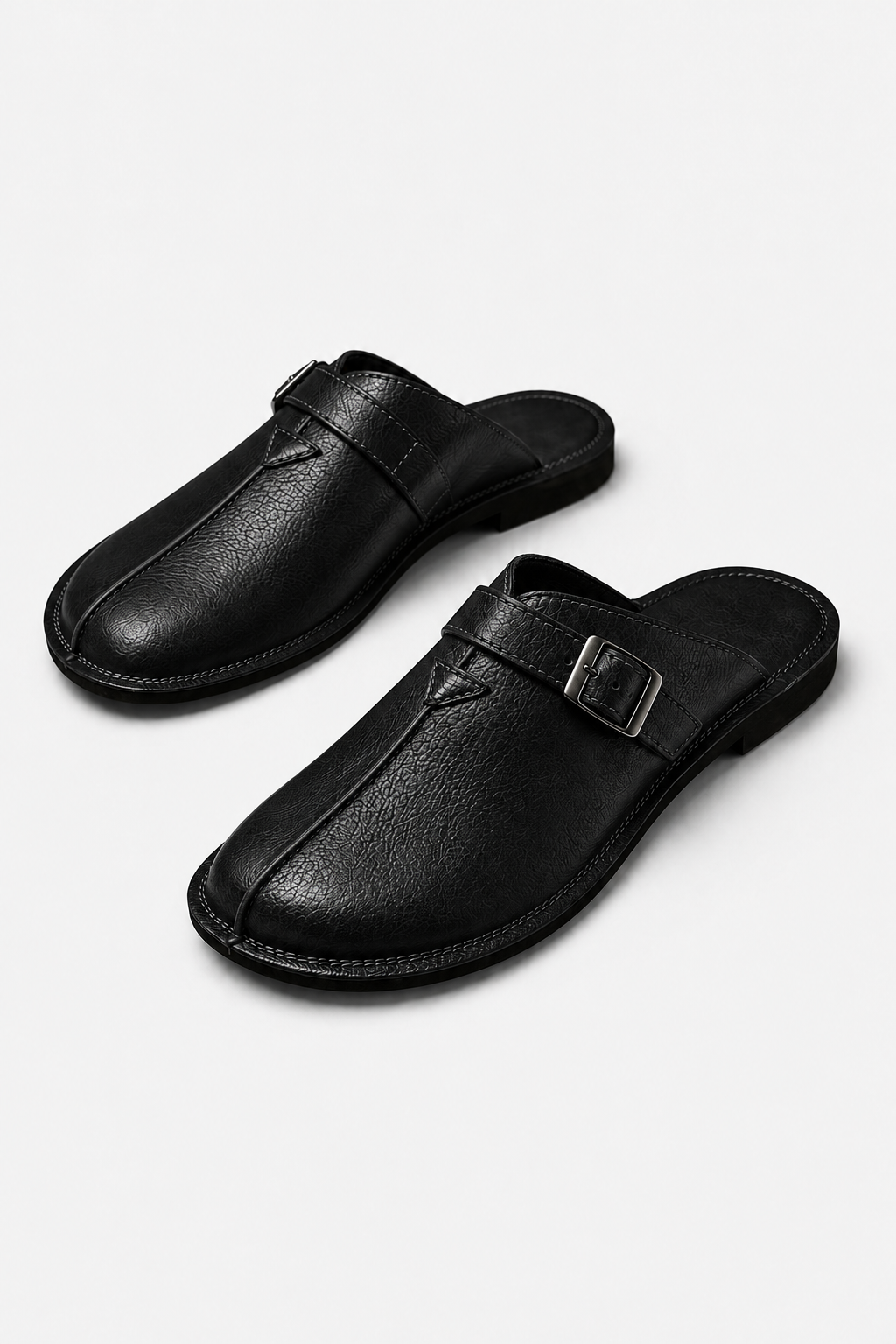 Herren Leder Pantoletten - Schwarze Slip-On Sandalen mit Schnalle