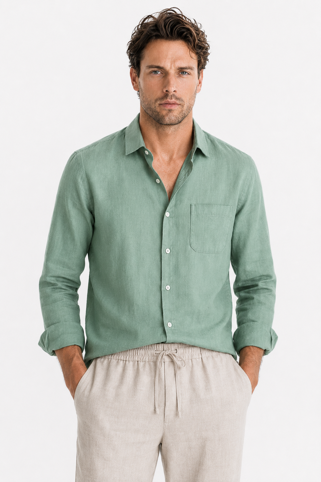 Männer Sommer Leinen-Set Langarm Grün Beige - Leicht & Atmungsaktiv