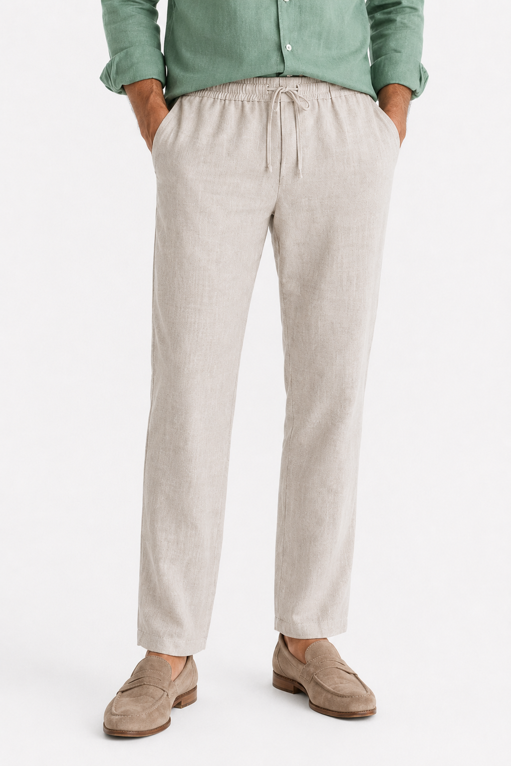 Männer Sommer Leinen-Set Langarm Grün Beige - Leicht & Atmungsaktiv