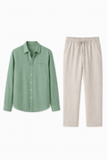 Männer Sommer Leinen-Set Langarm Grün Beige - Leicht & Atmungsaktiv