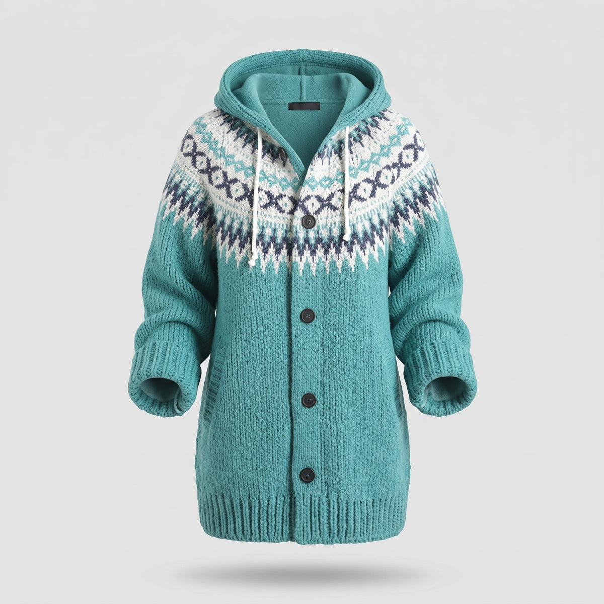 Women's Hooded Knit Cardigan with Fair Isle Pattern