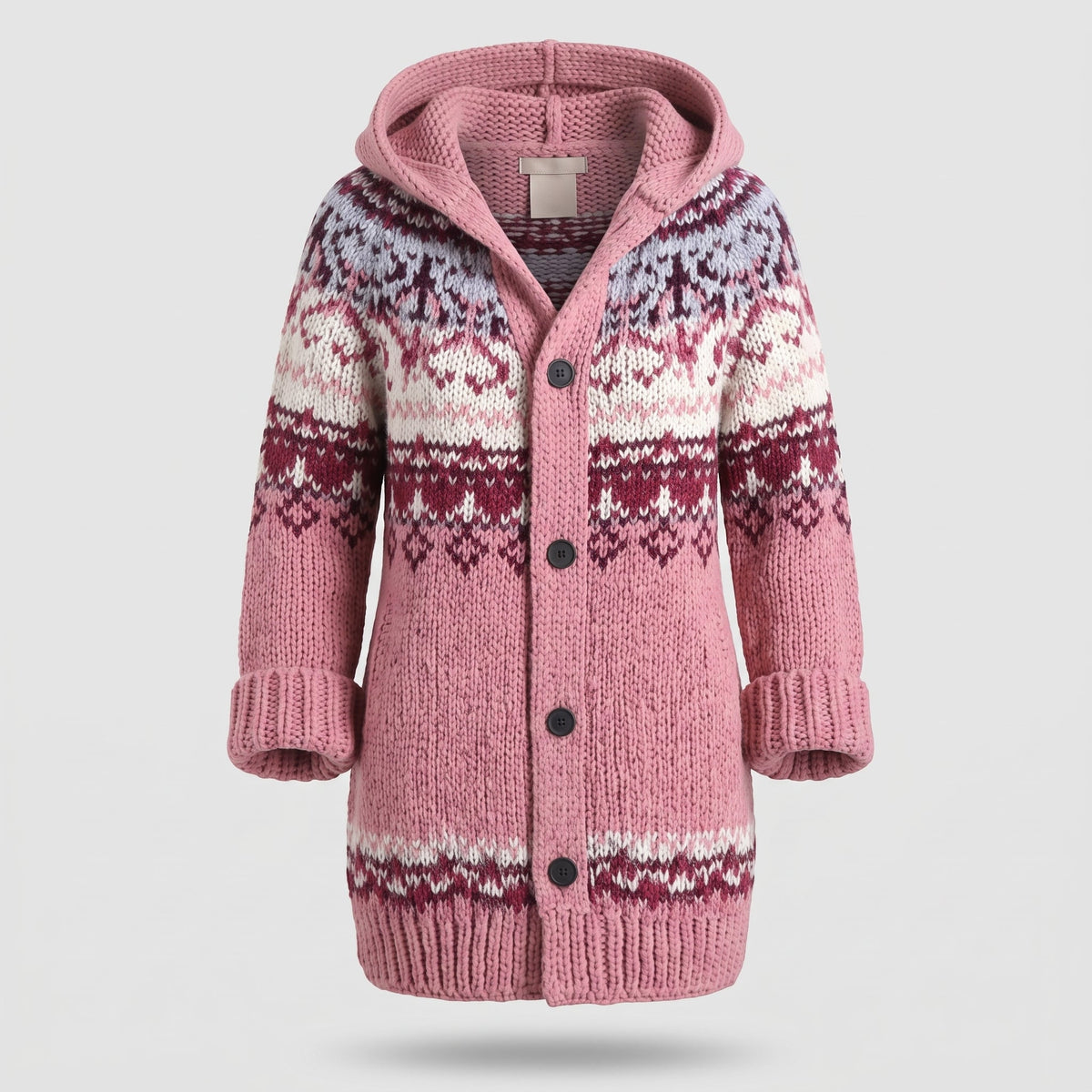 Women's Hooded Knit Cardigan with Fair Isle Pattern