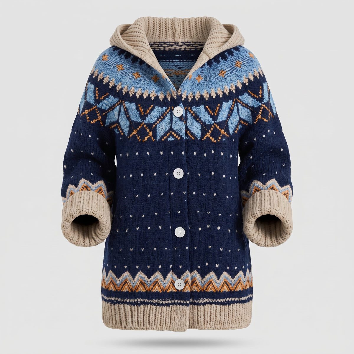 Women's Hooded Knit Cardigan with Fair Isle Pattern