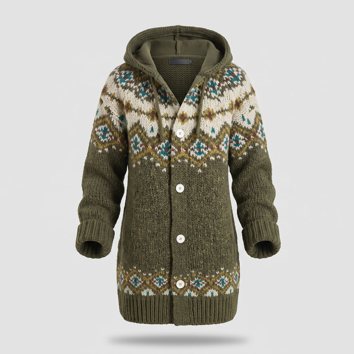 Women's Hooded Knit Cardigan with Fair Isle Pattern