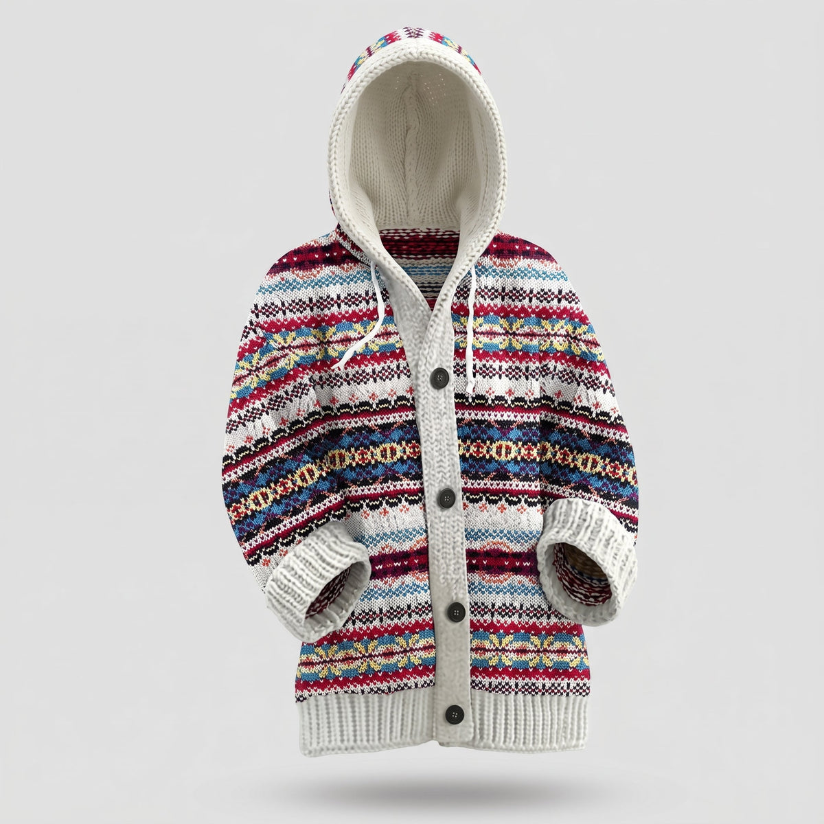 Women's Hooded Knit Cardigan with Fair Isle Pattern