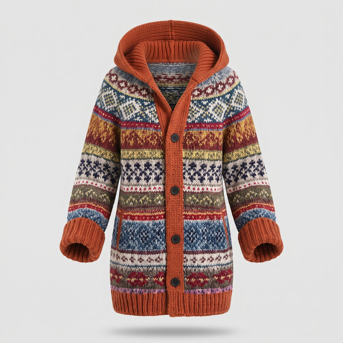 Women's Hooded Knit Cardigan with Fair Isle Pattern