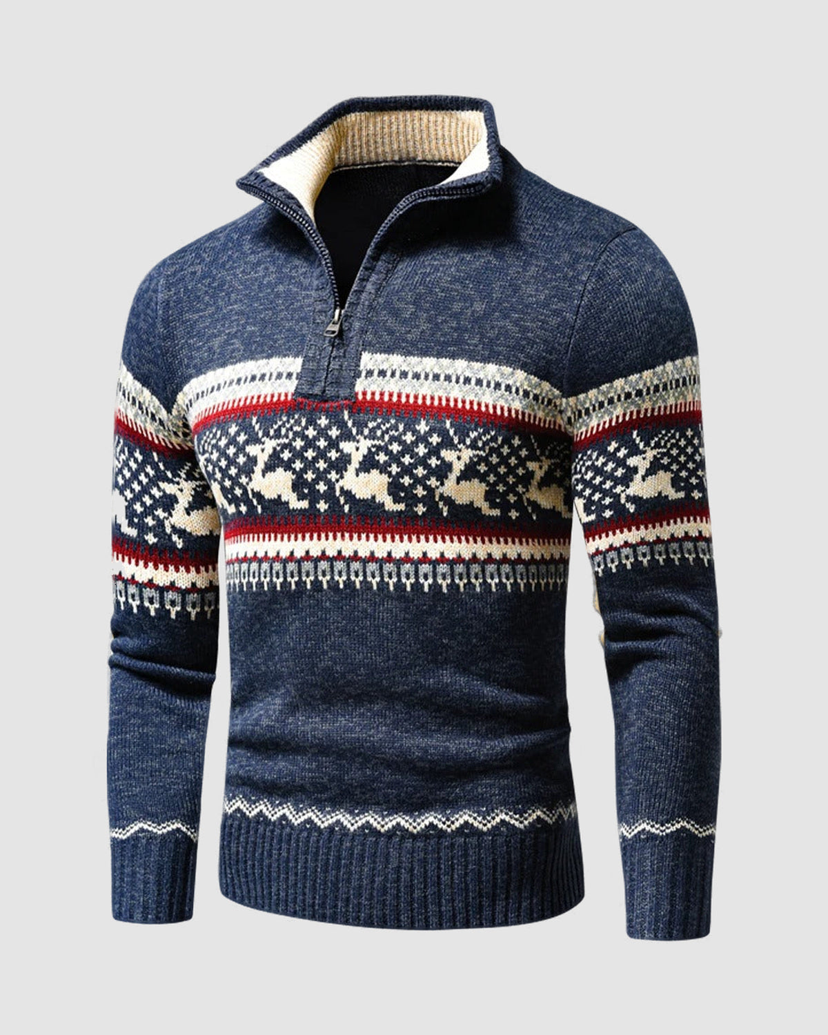 Herren Pullover mit Reißverschluss und Rentiermuster in Blau, Vorderansicht