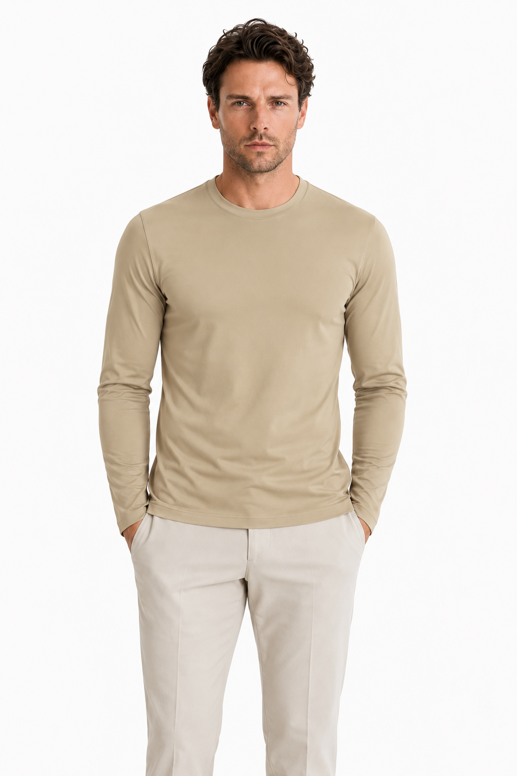 Herren-Longsleeve aus Polyester mit Rundhalsausschnitt in Desert Taupe