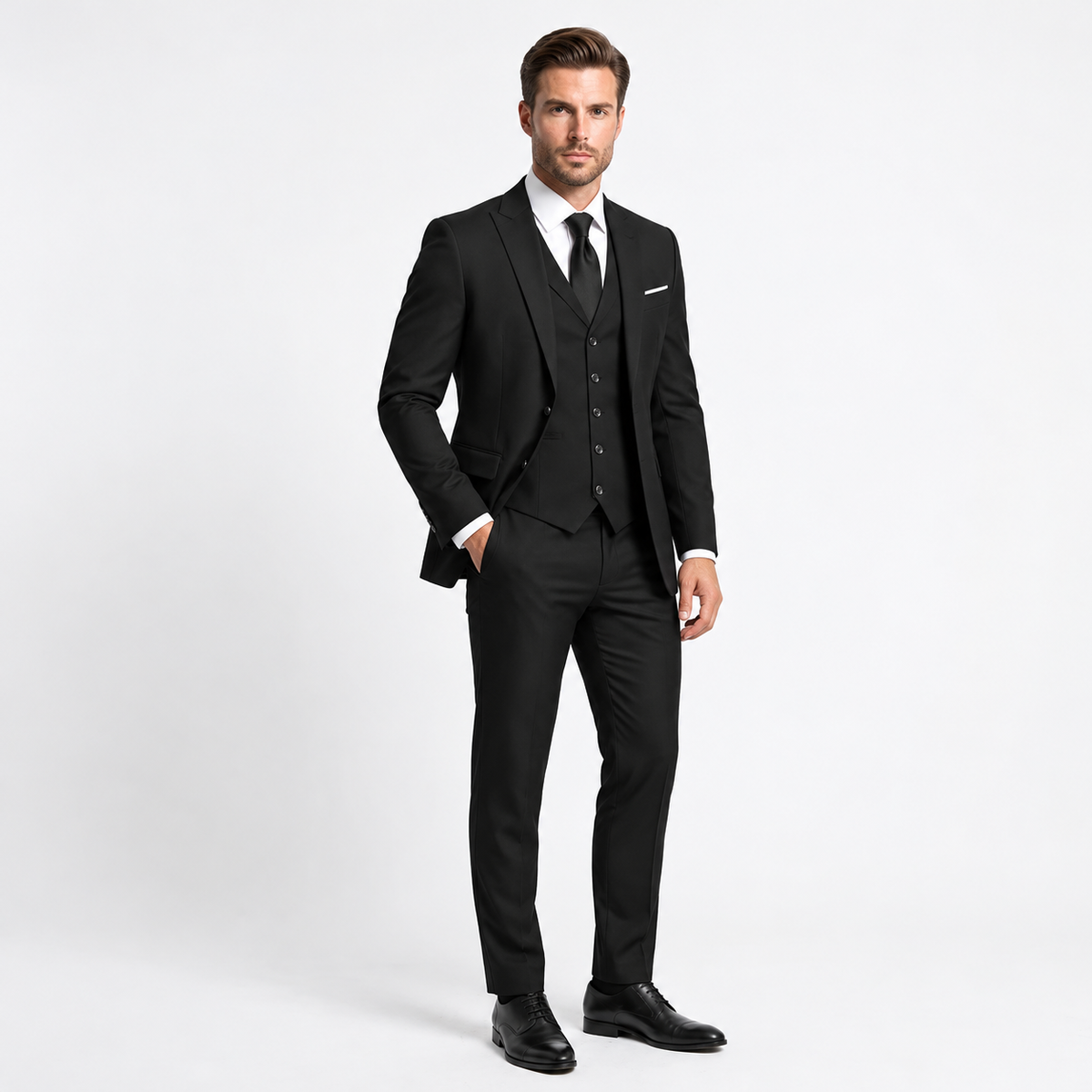 Herren Anzug dreiteilig, Slim Fit in Schwarz
