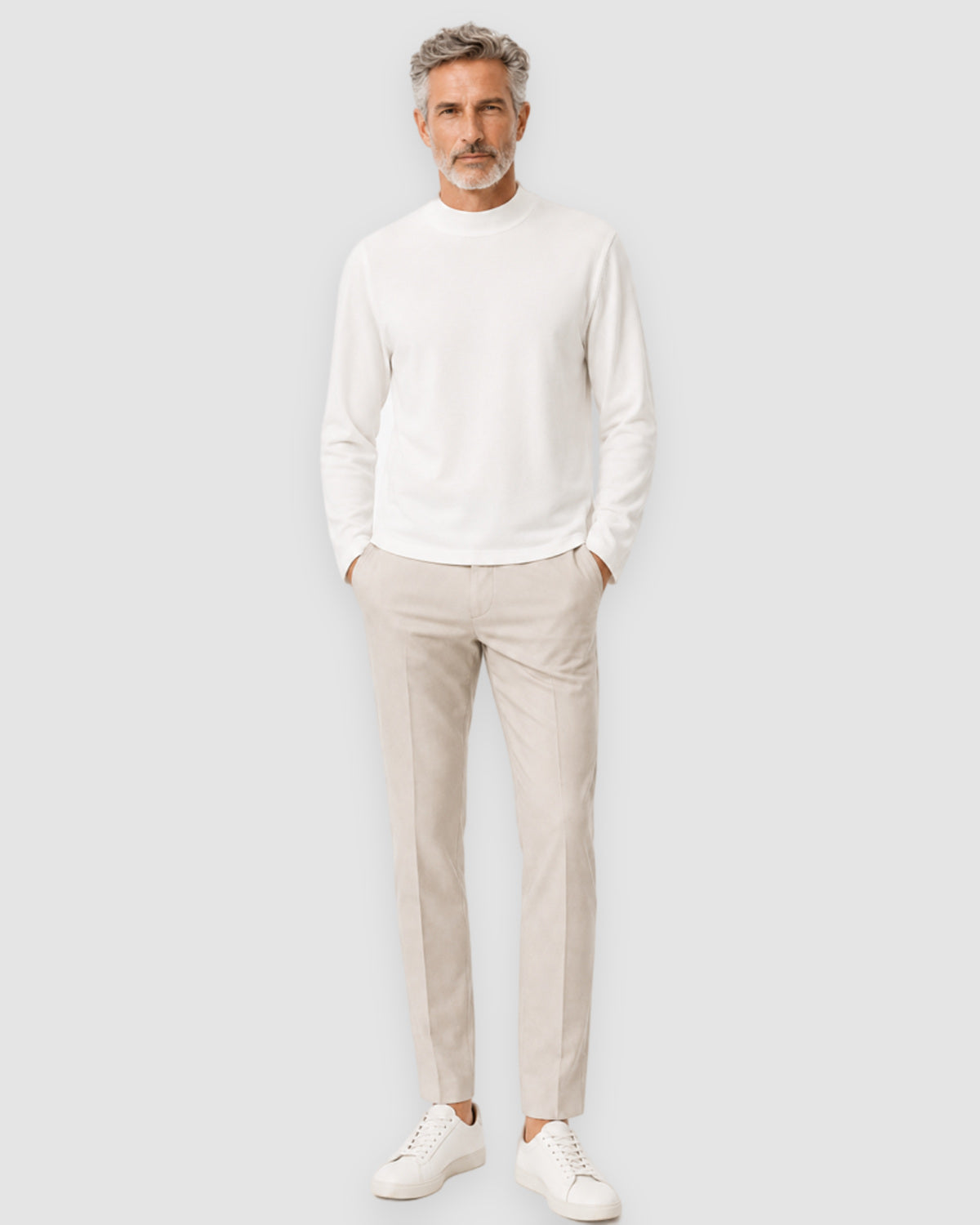 Herren Longsleeve mit Rundhals – Elfenbeinweiß, Bild 3
