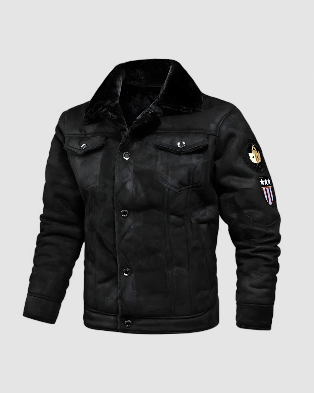 Herren Jacke mit Plüschkragen in Schwarz, Vorderansicht