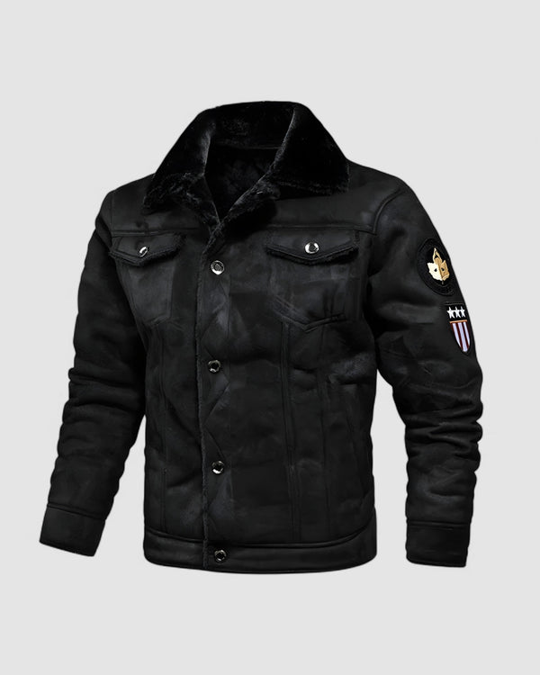 Herren Jacke mit Plüschkragen in Schwarz, Vorderansicht