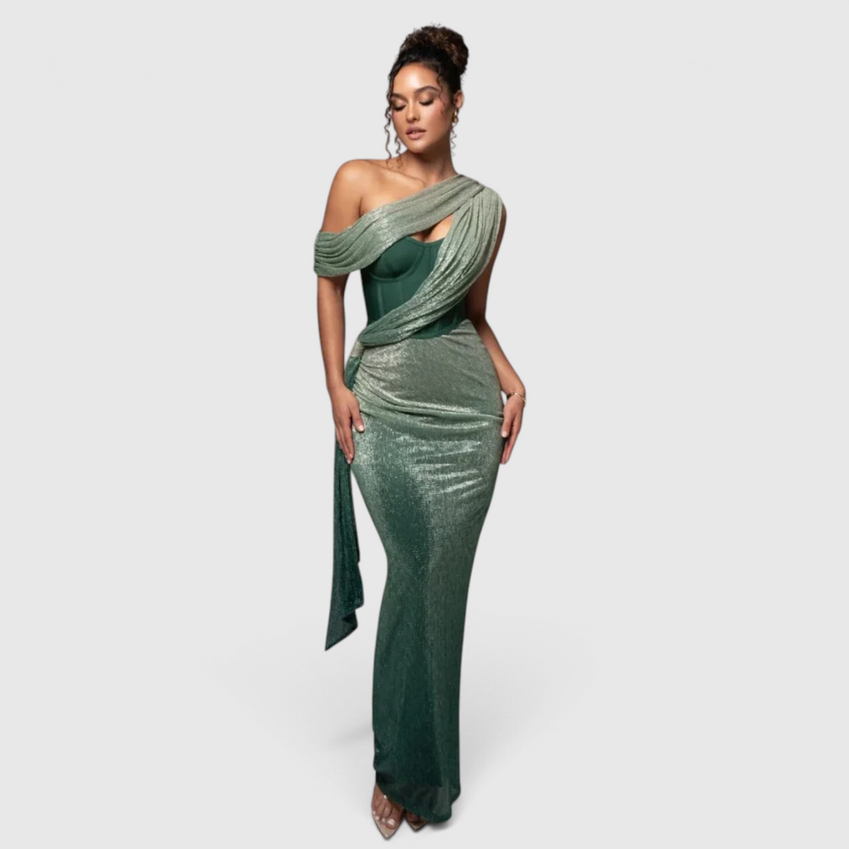 Women's One-Shoulder Evening Dress with Metallic Finish