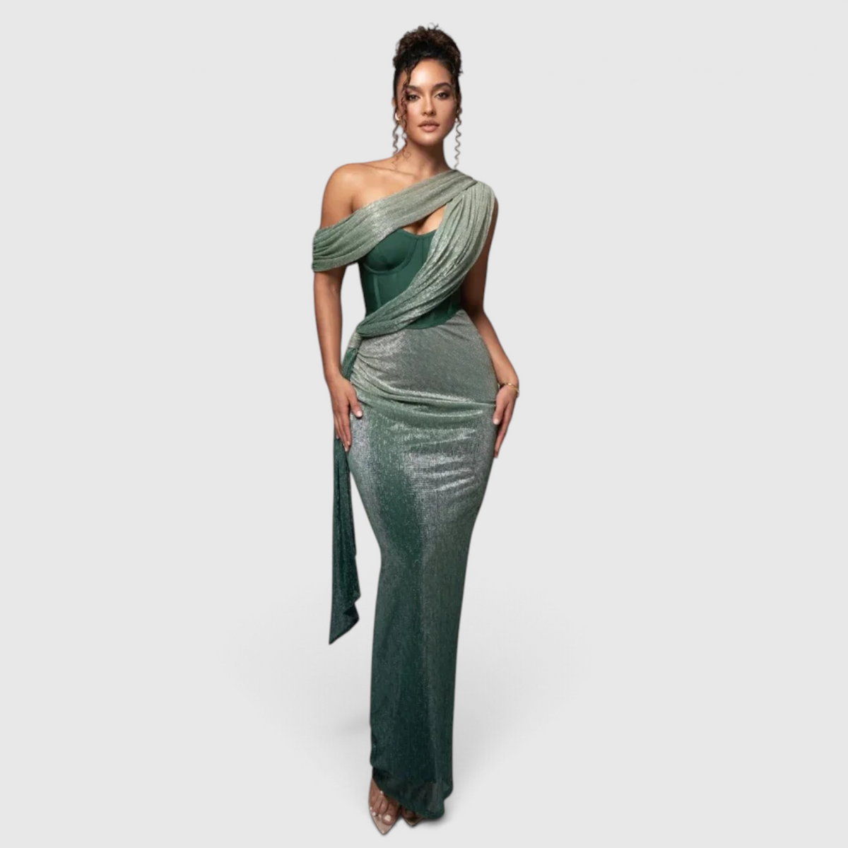 Women's One-Shoulder Evening Dress with Metallic Finish