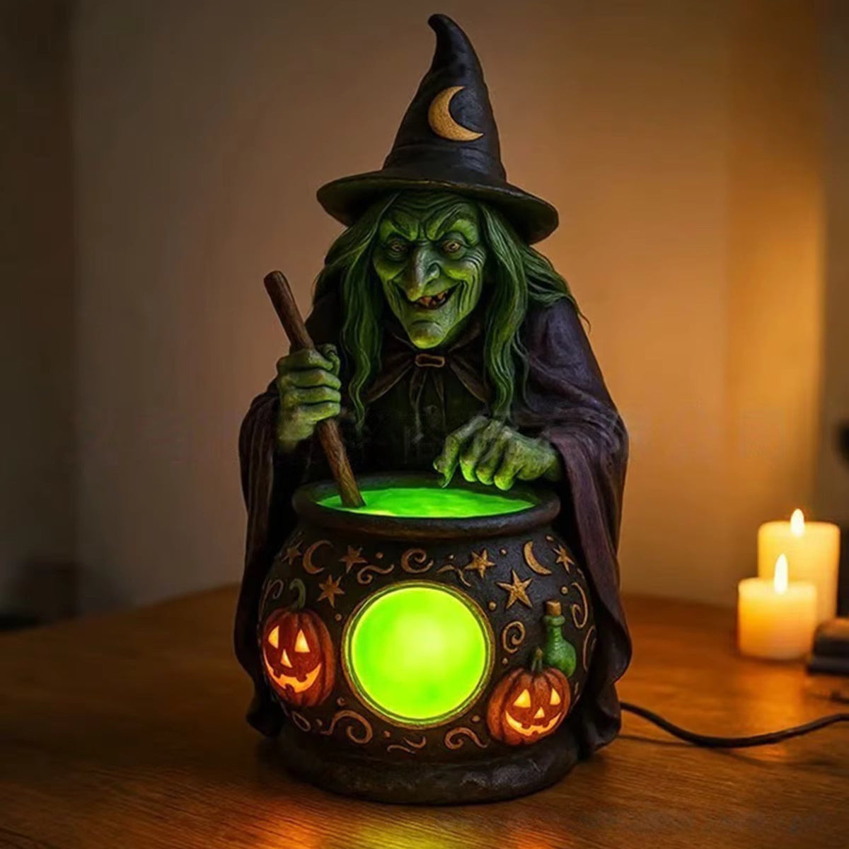 Hexenkessel-Harz-Tischlampe mit Neongrünem LED