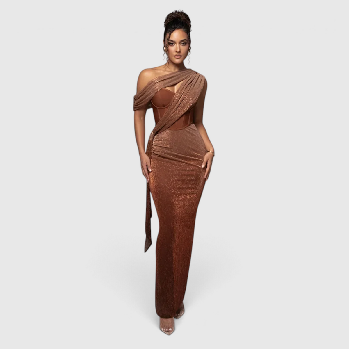 Women's One-Shoulder Evening Dress with Metallic Finish
