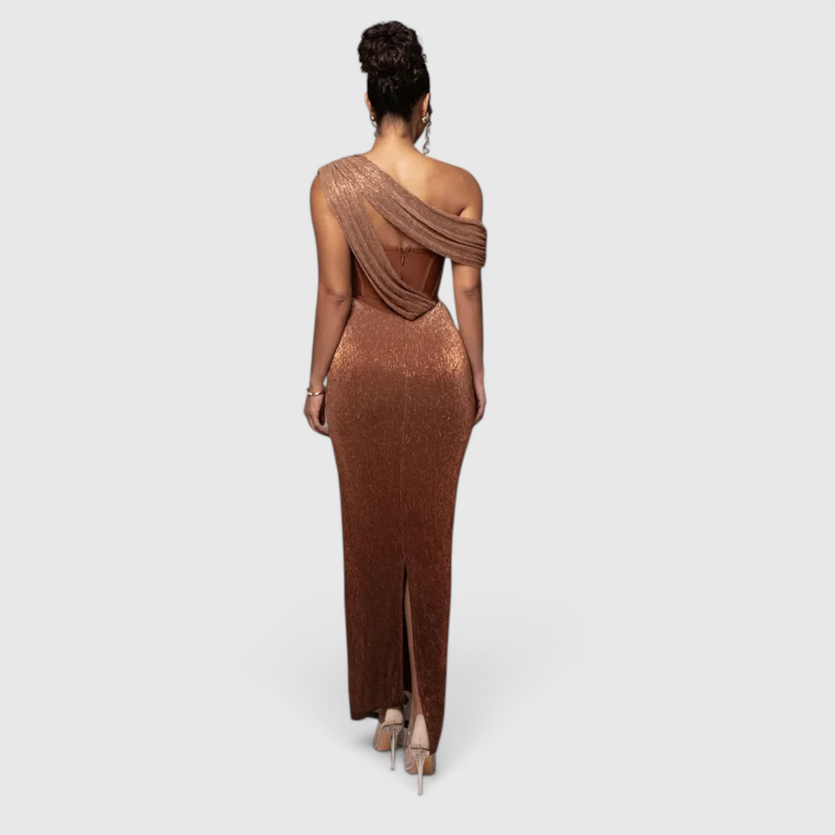 Women's One-Shoulder Evening Dress with Metallic Finish