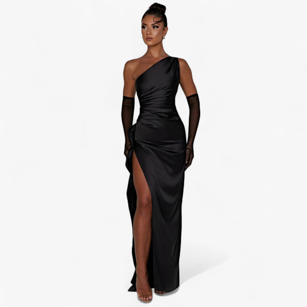 Damen Abendkleid Satin Asymmetrisch mit Beinschlitz