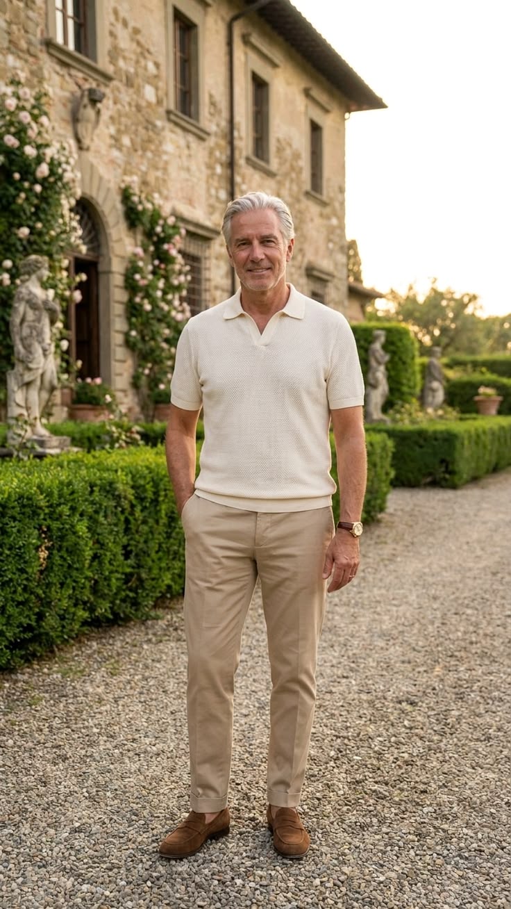 Herrenmode Look in cremefarbenem Polo und beigen Chinos