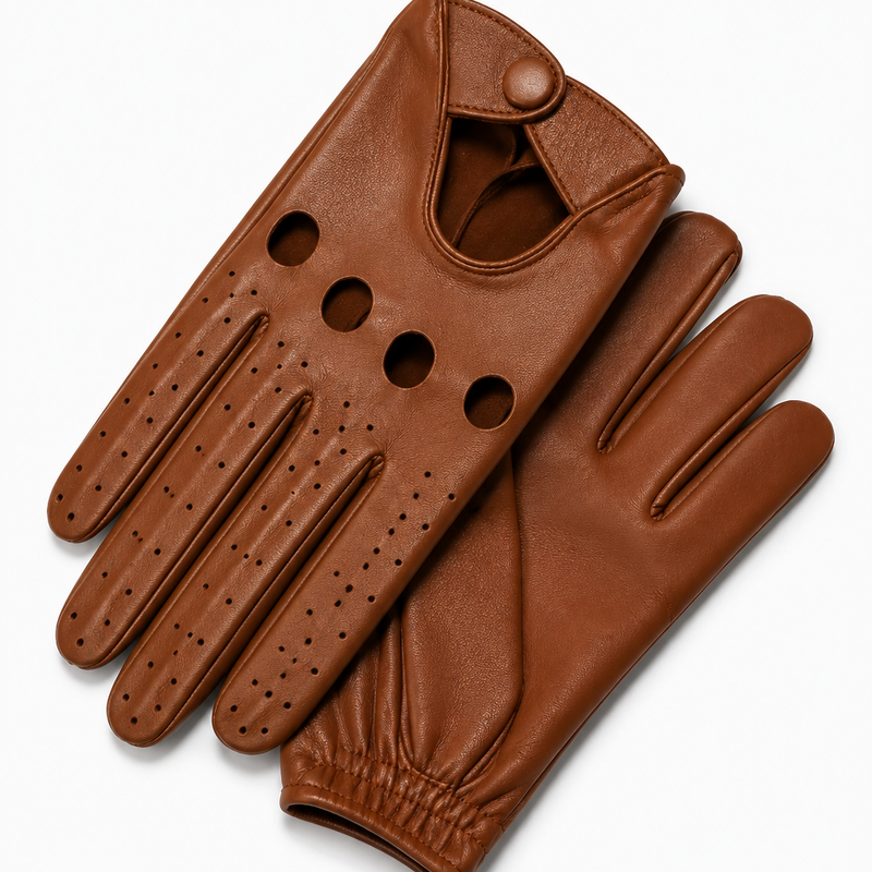 Braune perforierte Vollfinger-Fahrerhandschuhe