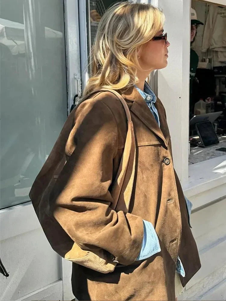 Damen Oversize Blazer - Braune Wildlederoptik mit Revers