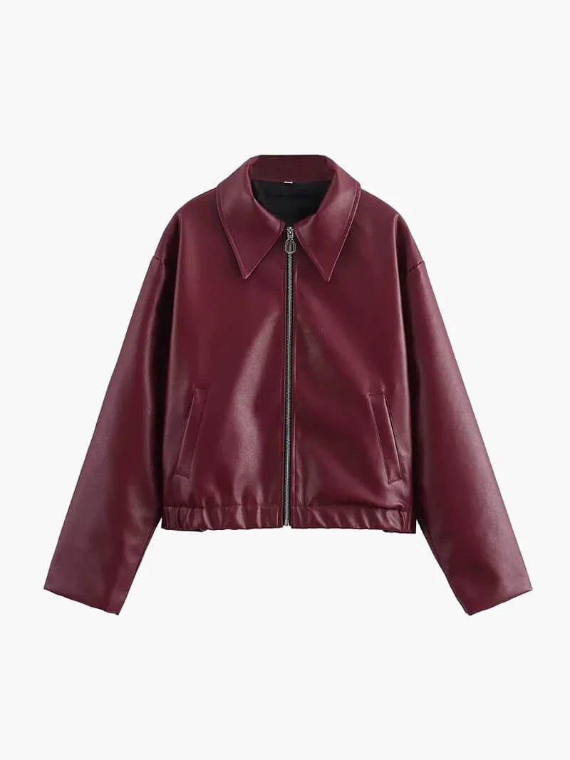 Damen Kurze Kunstlederjacke mit Reißverschluss und Kragen