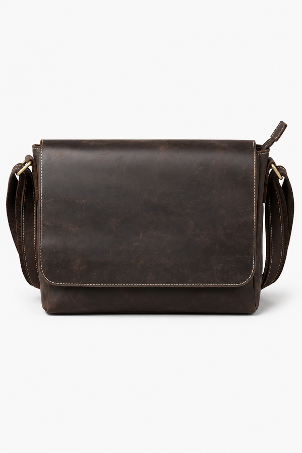 Klassische Messenger-Tasche aus Echtleder mit Überschlag – Dunkelkaffee