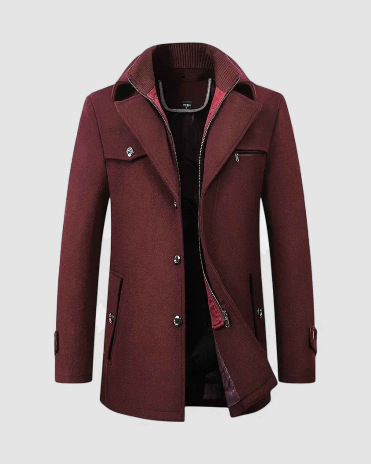 Herren Trenchcoat aus Wolle mit Doppelkragen in Bordeaux