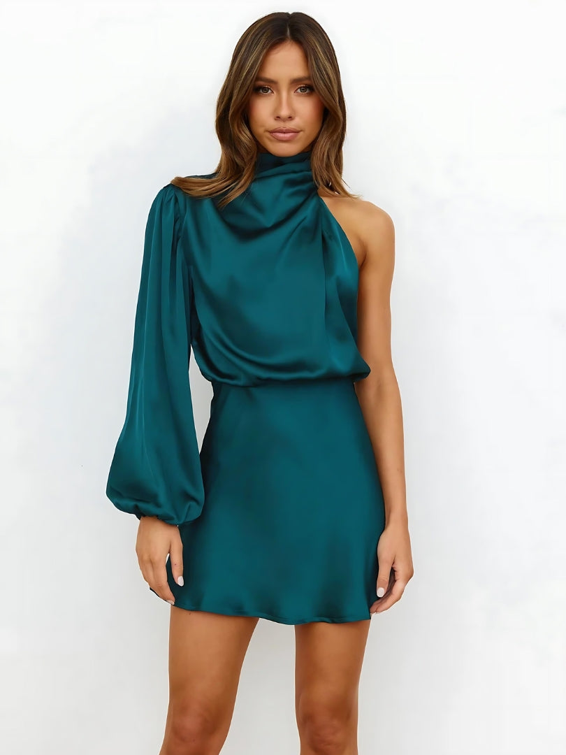 Damen Kleid Asymmetrischer Ärmel Satin
