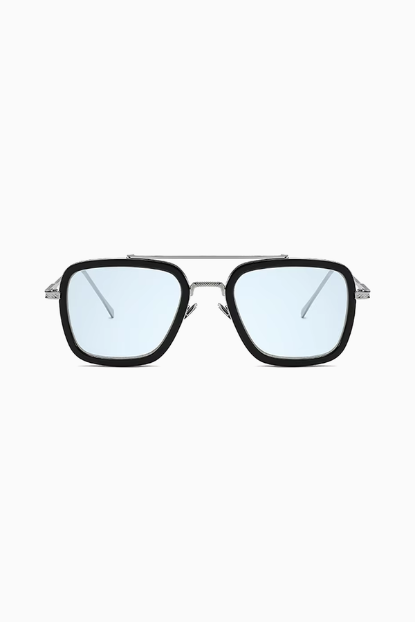 Herren Sonnenbrille Eckig UV400 – Silber / Blaue Gläser