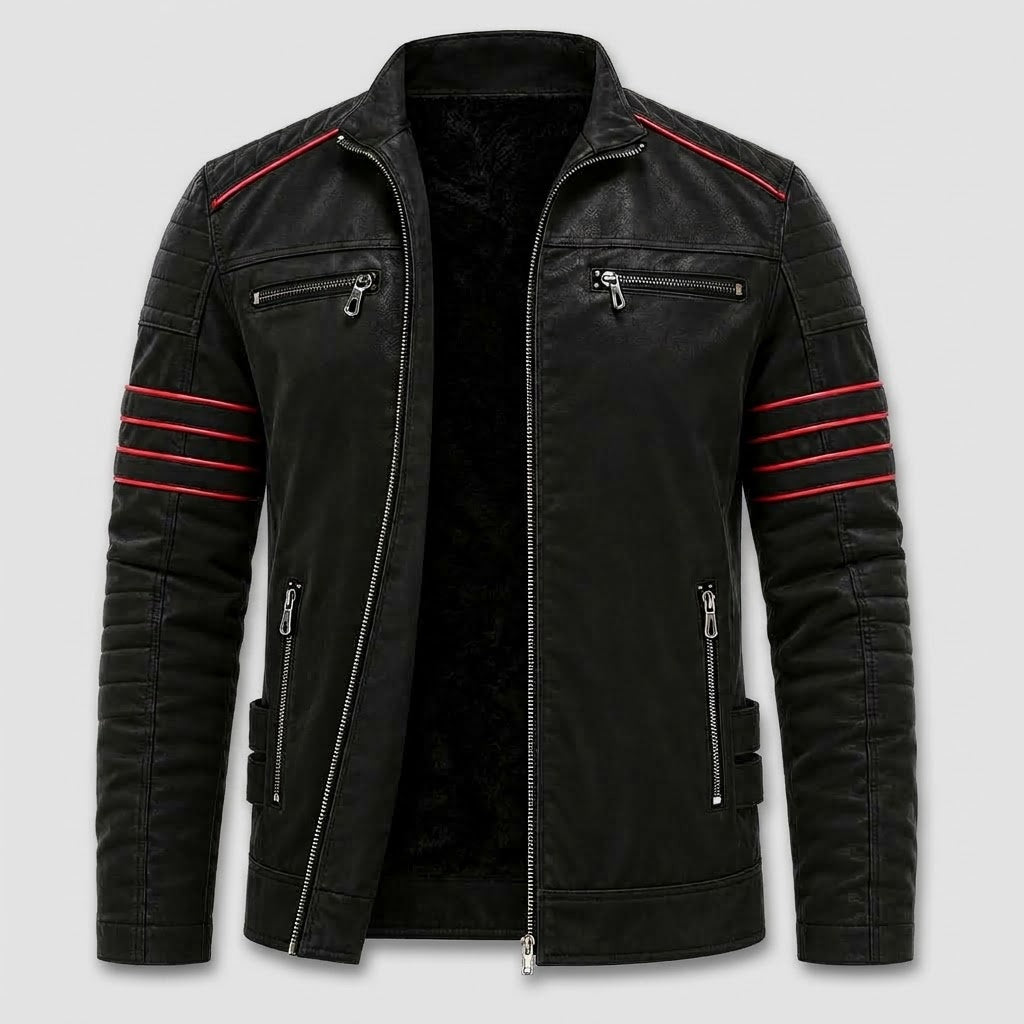 Herren Bikerjacke aus Kunstleder mit Kontraststreifen