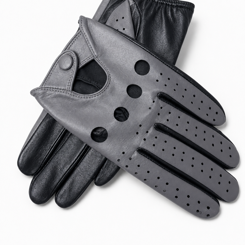 Grau-schwarze perforierte Vollfinger-Fahrerhandschuhe