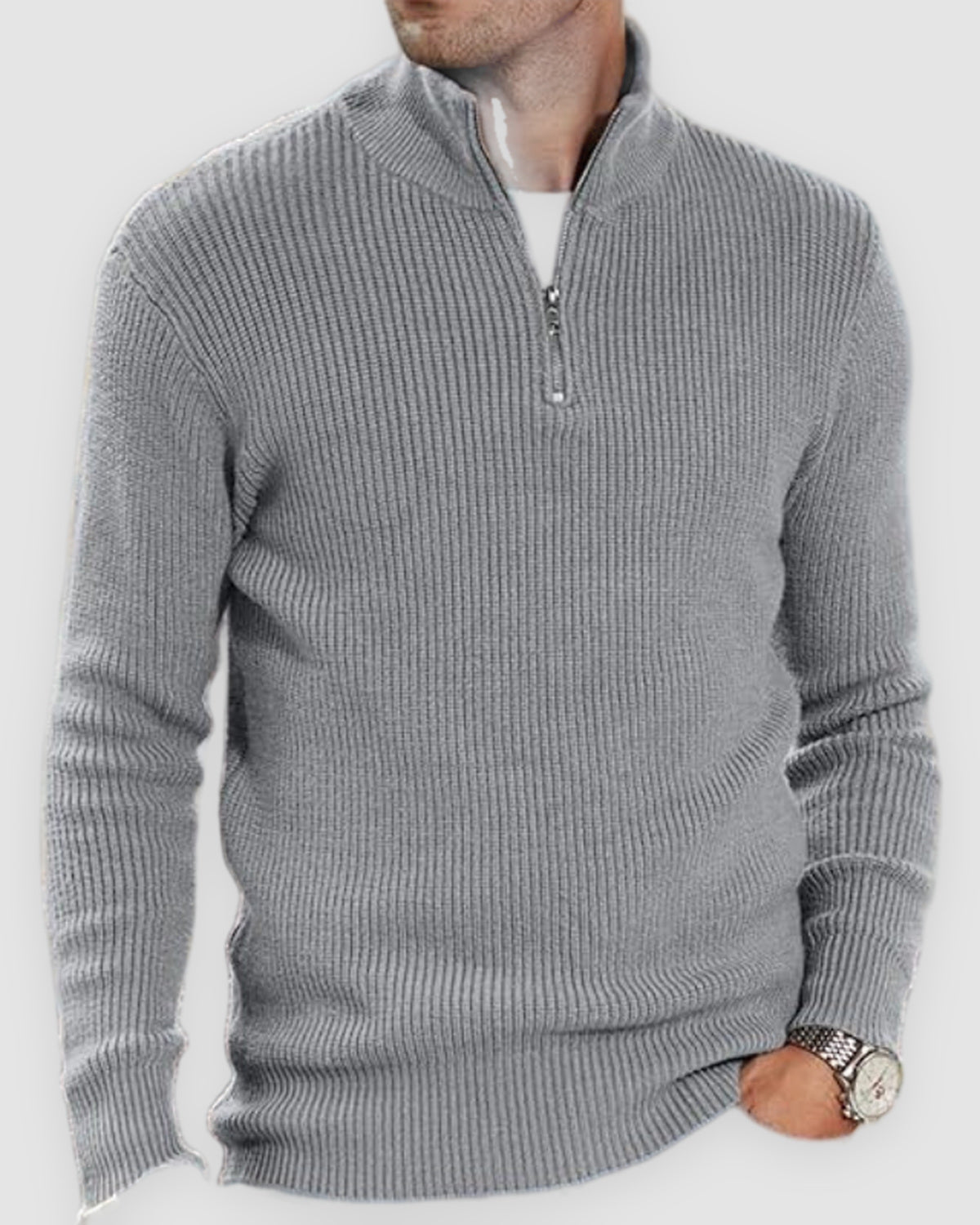 Herren Rollkragenpullover mit Half-Zip aus warmem Strick in Grau