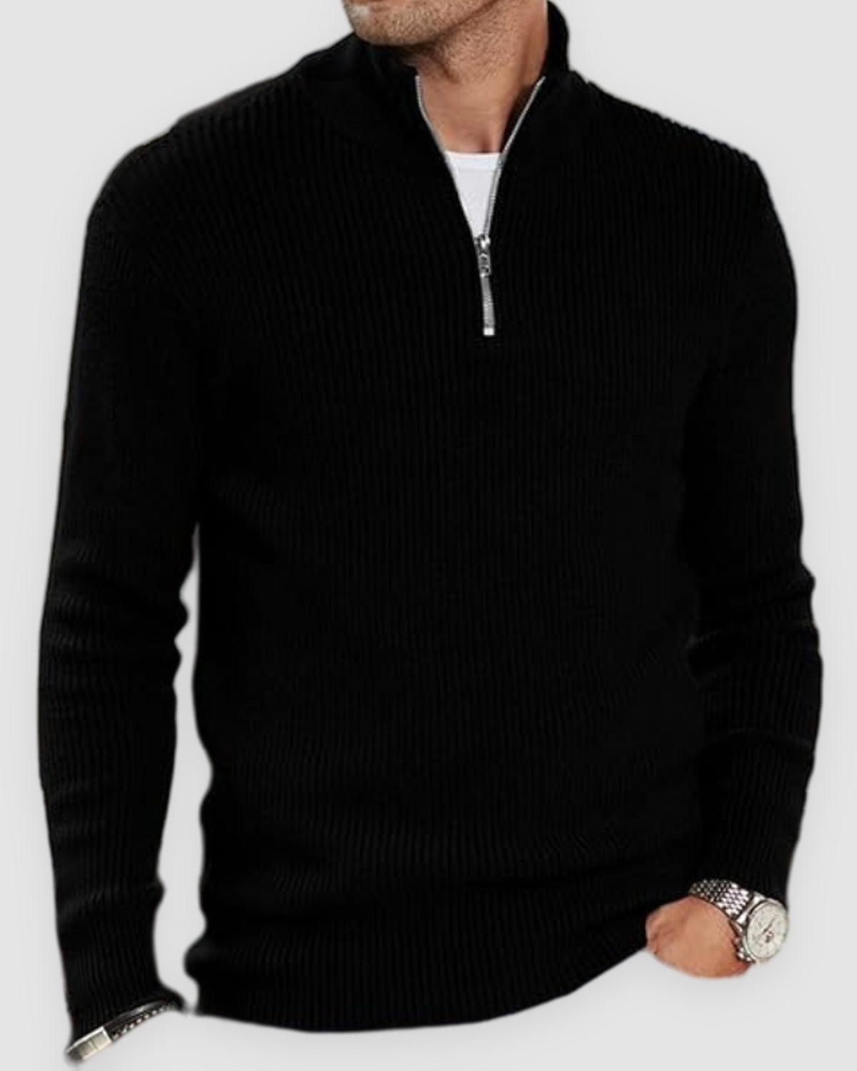 Herren Rollkragenpullover mit Half-Zip aus warmem Strick in Schwarz