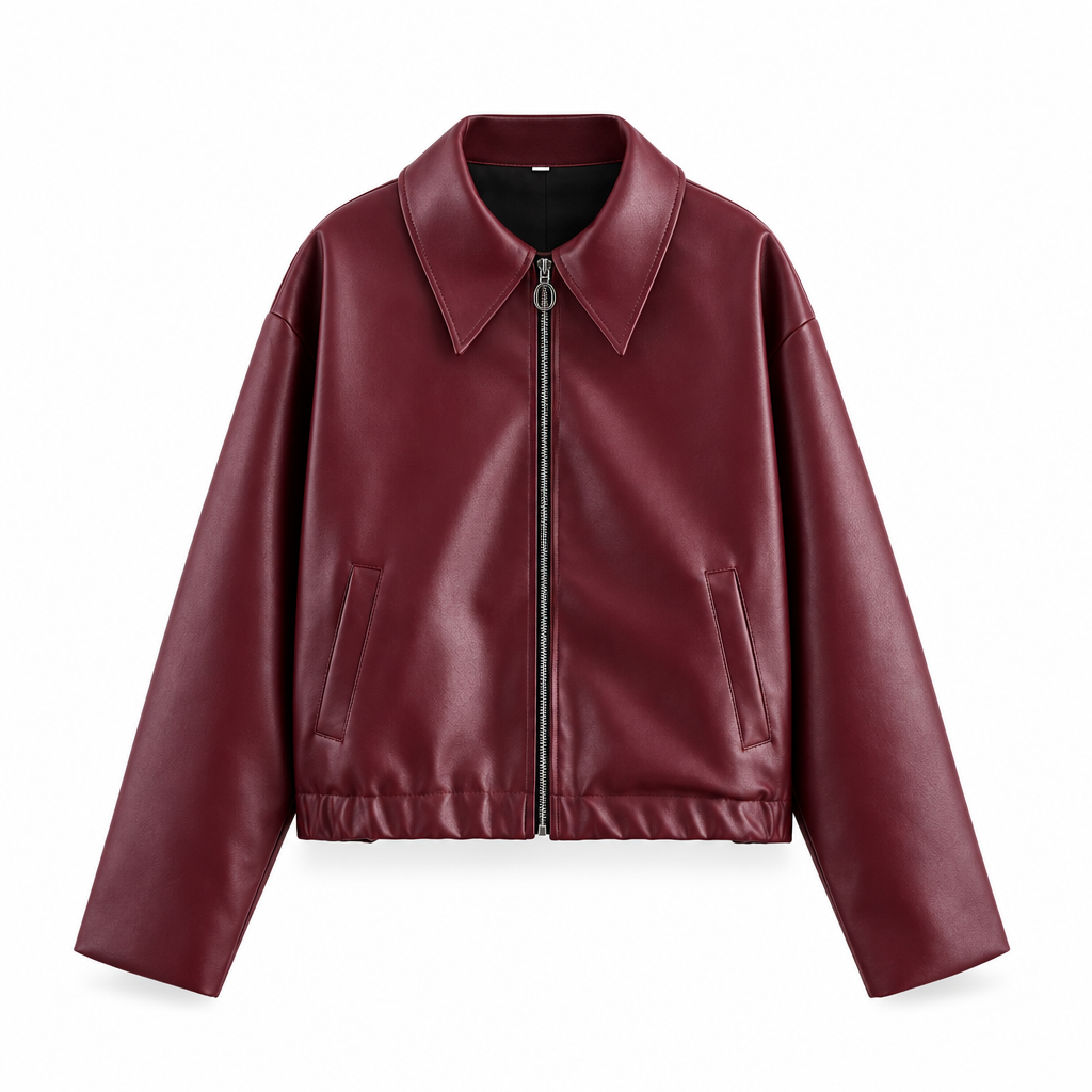 Damen Kurze Kunstlederjacke mit Reißverschluss und Kragen
