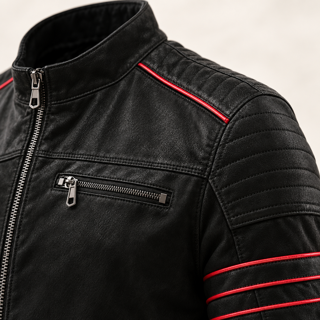 Herren Bikerjacke aus Kunstleder mit Kontraststreifen