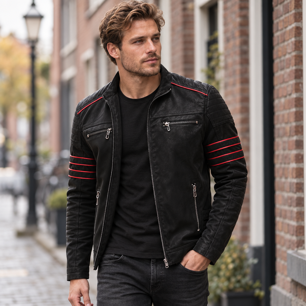 Herren Bikerjacke aus Kunstleder mit Kontraststreifen