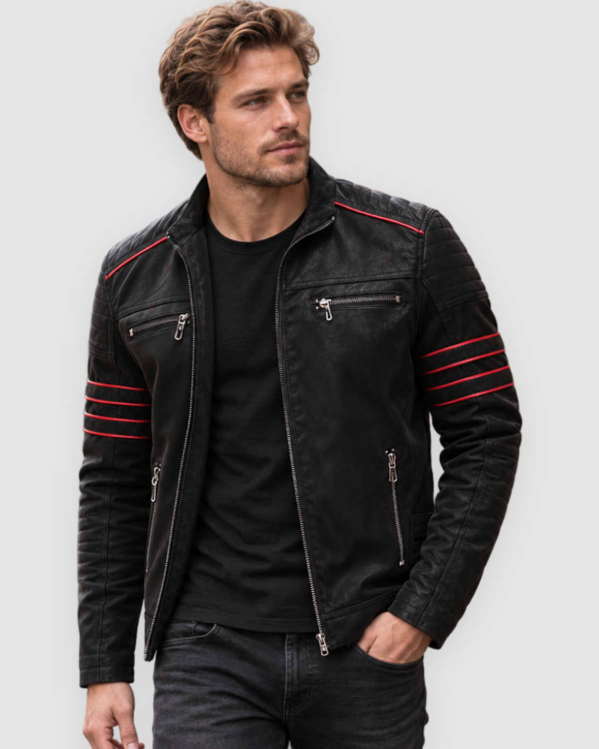 Herren Bikerjacke aus Kunstleder mit Kontraststreifen, Bild 3
