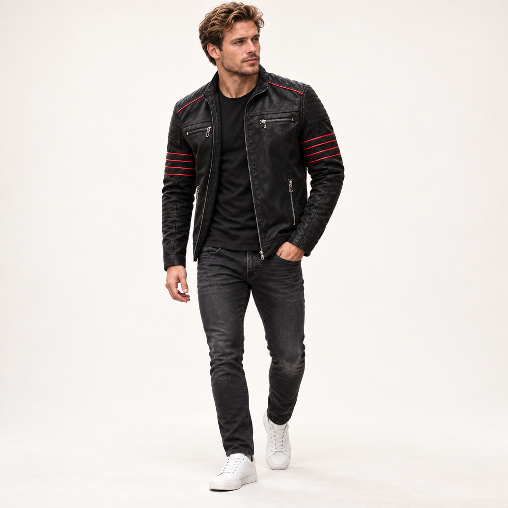 Herren Bikerjacke aus Kunstleder mit Kontraststreifen