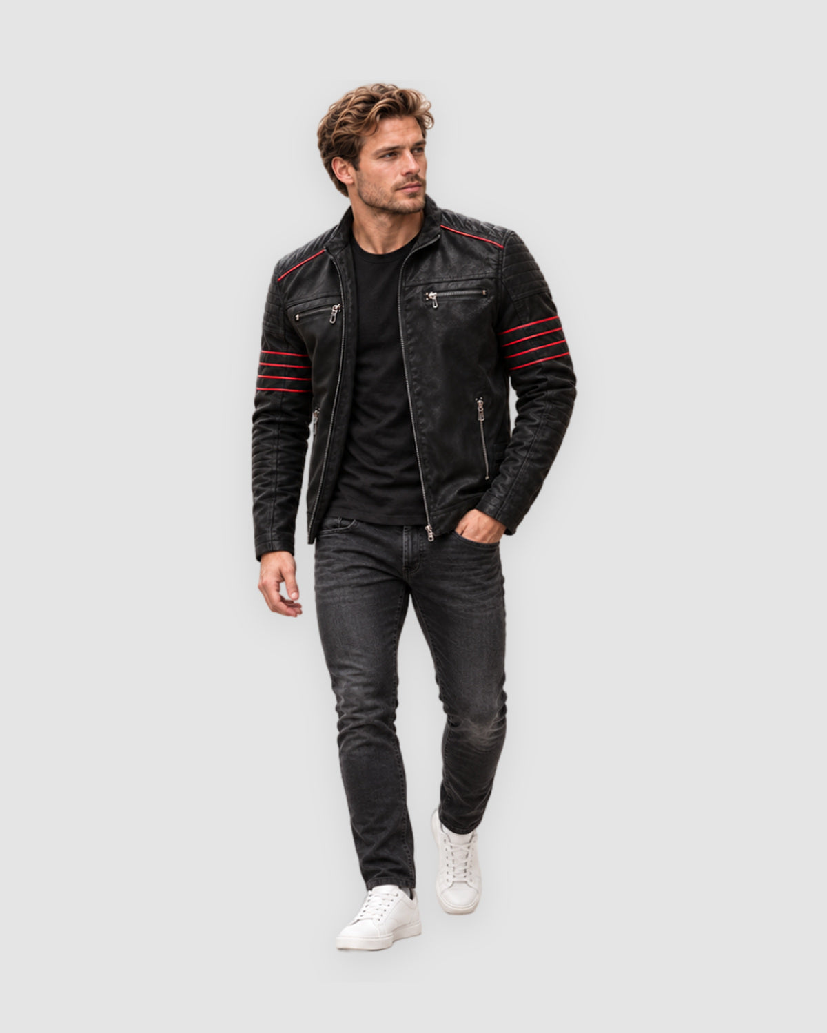 Herren Bikerjacke aus Kunstleder mit Kontraststreifen, Bild 4