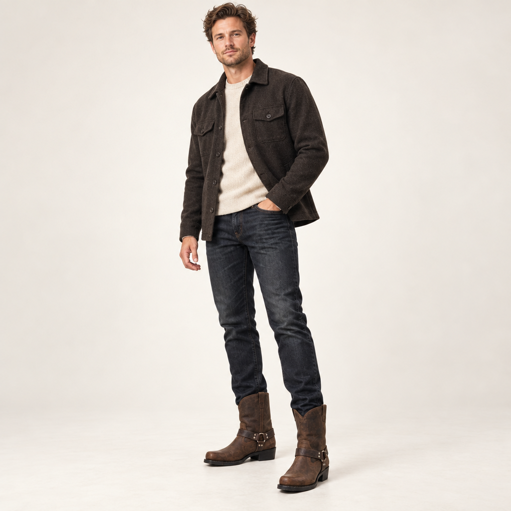 Herren Westernstiefel mit Riemen und Metalldetails