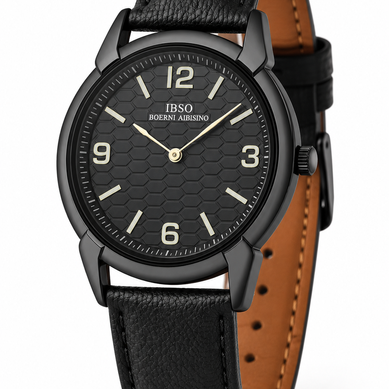 Herren-Quarzuhr – Schwarzes Gehäuse, schwarzes Zifferblatt und schwarzes Lederarmband
