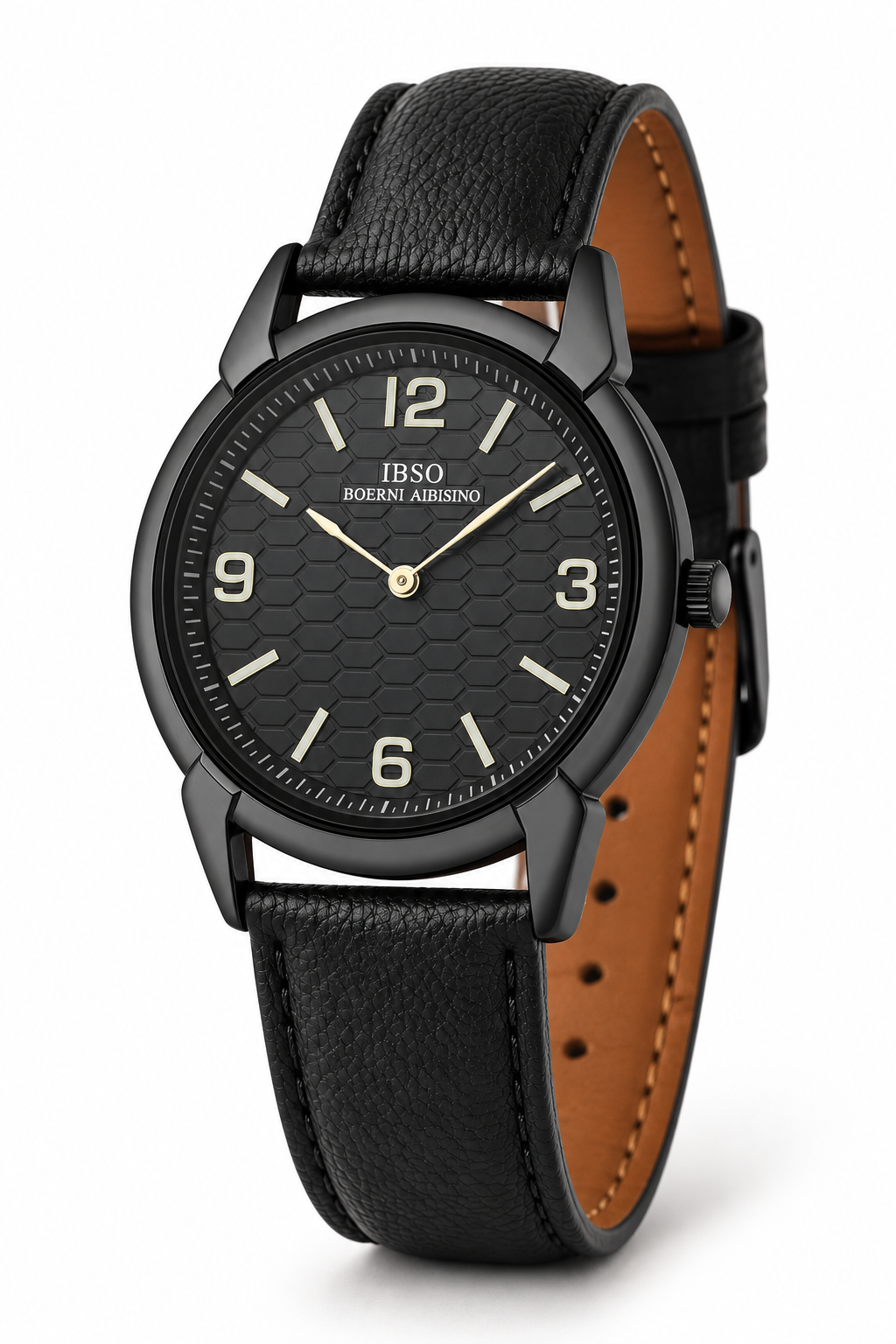 Herren-Quarzuhr – Schwarzes Gehäuse, schwarzes Zifferblatt und schwarzes Lederarmband