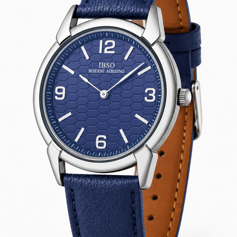 Herren-Quarzuhr – Silberfarbenes Gehäuse, blaues Zifferblatt und blaues Lederarmband